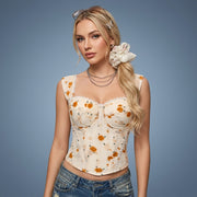Apricot Rose Lace Corset Top styled on an adult model against a pale gray-blue background