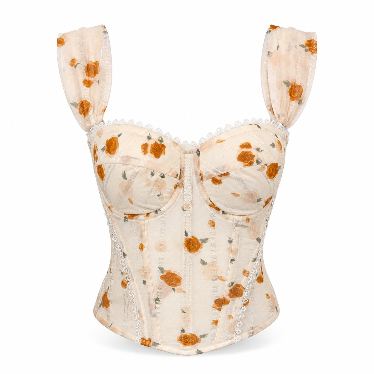 Apricot Rose Lace Corset Top front view on a clean white background