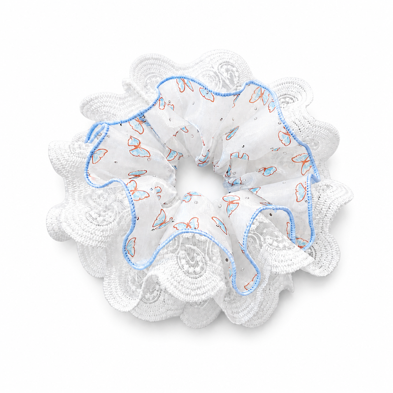 Blue Doodle Lace Scrunchie on a clean white background
