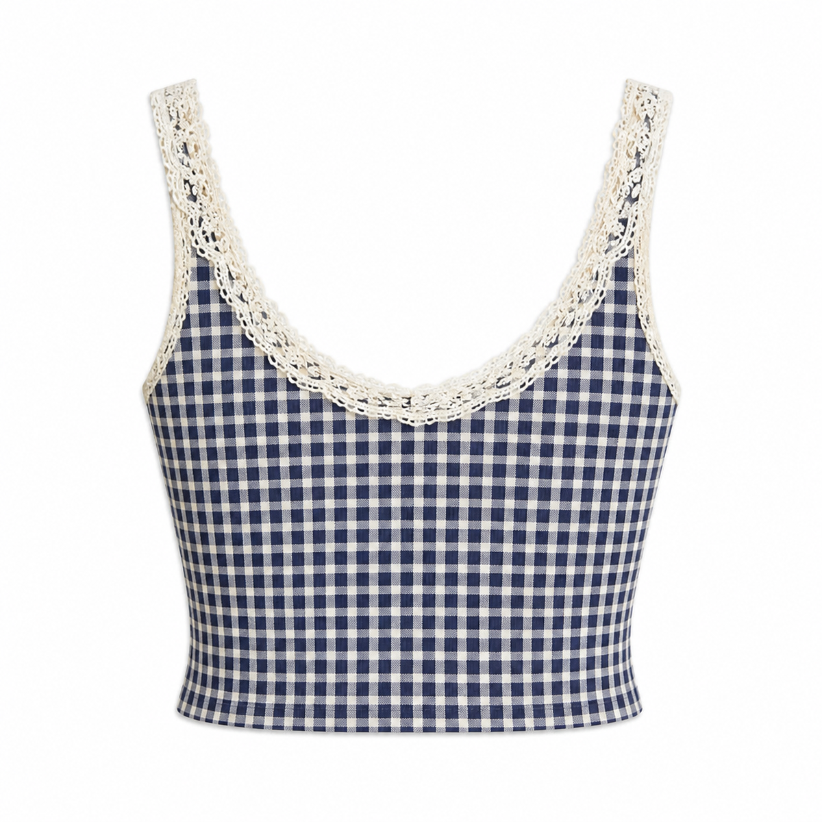 Blue Gingham Lace Cami Top back view on a clean white background
