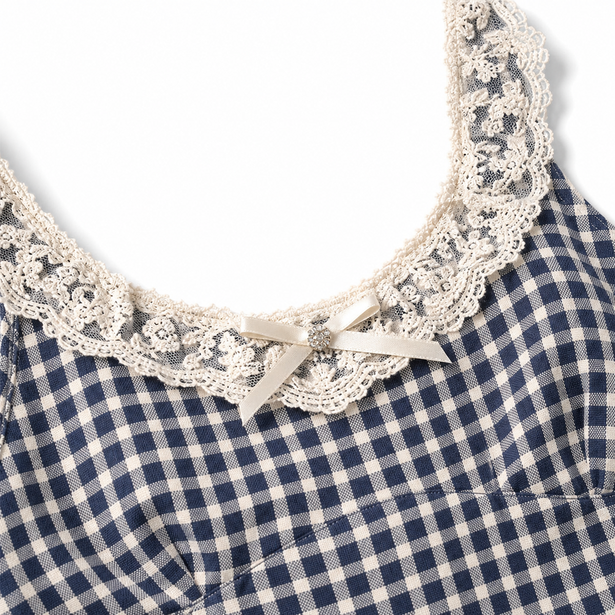 Blue Gingham Lace Cami Top fabric and construction detail