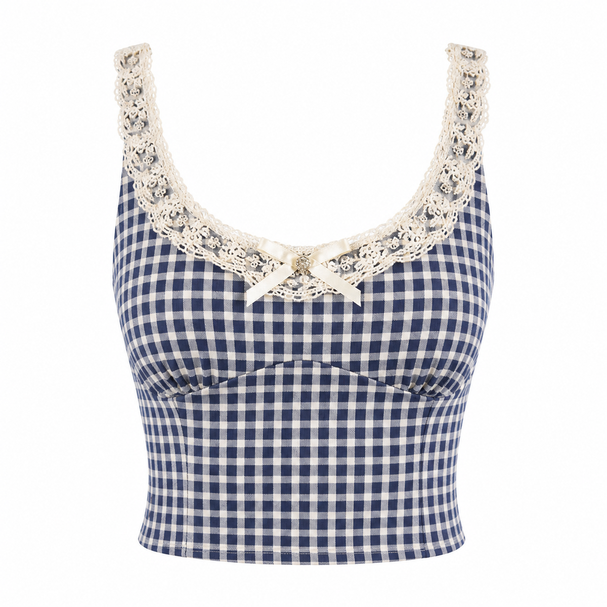 Blue Gingham Lace Cami Top front view on a clean white background