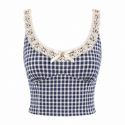 Blue Gingham Lace Cami Top front view on a clean white background