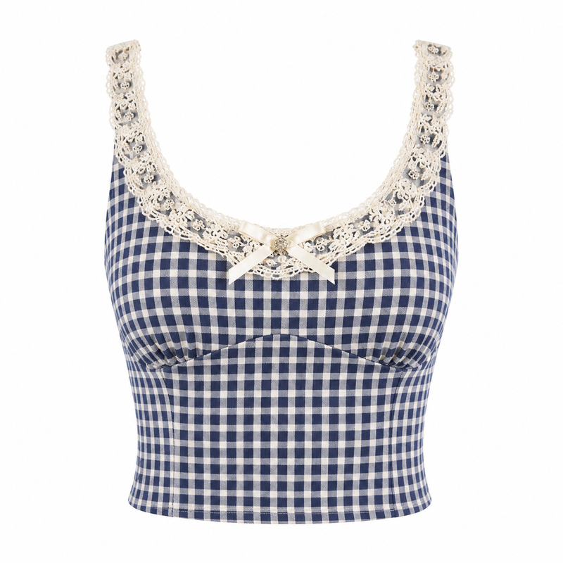 Blue Gingham Lace Cami Top front view on a clean white background