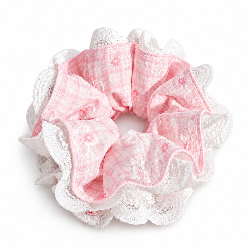 Blush Gingham Lace Scrunchie on a clean white background