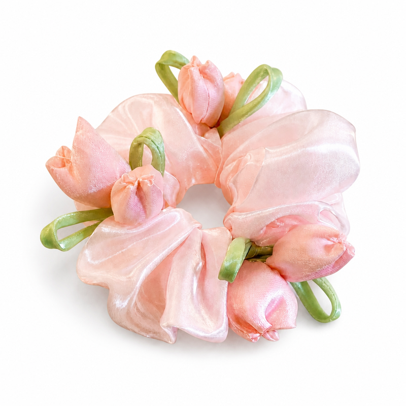 Blush Tulip Bouquet Scrunchie on a clean white background