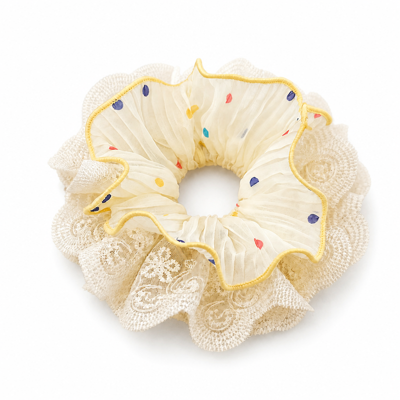 Buttercream Confetti Lace Scrunchie on a clean white background