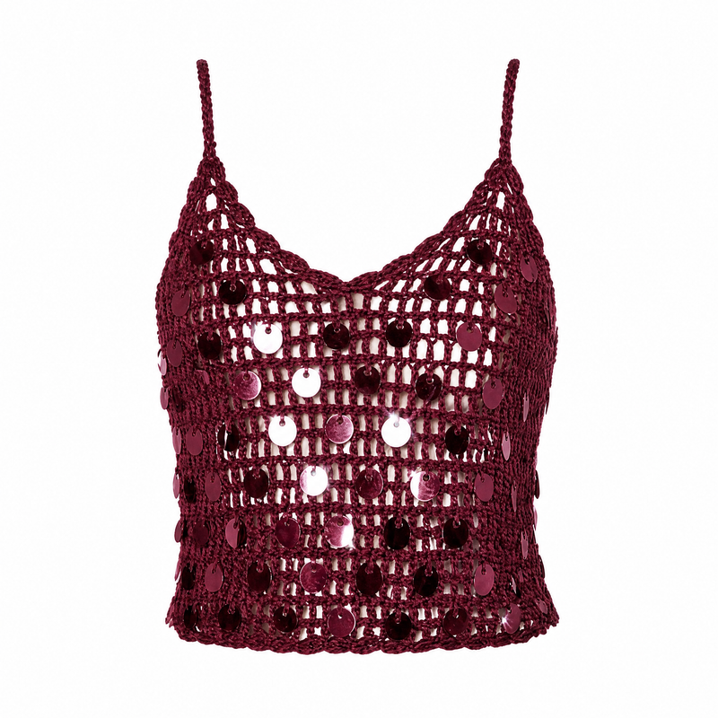 Celestial Crochet Sequin Halter Top in Wine Red on a clean white background