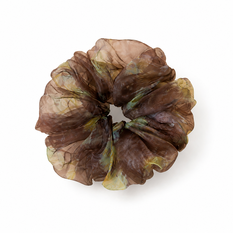 Coffee Watercolor Organza Scrunchie on a pure white background with a natural product shadow