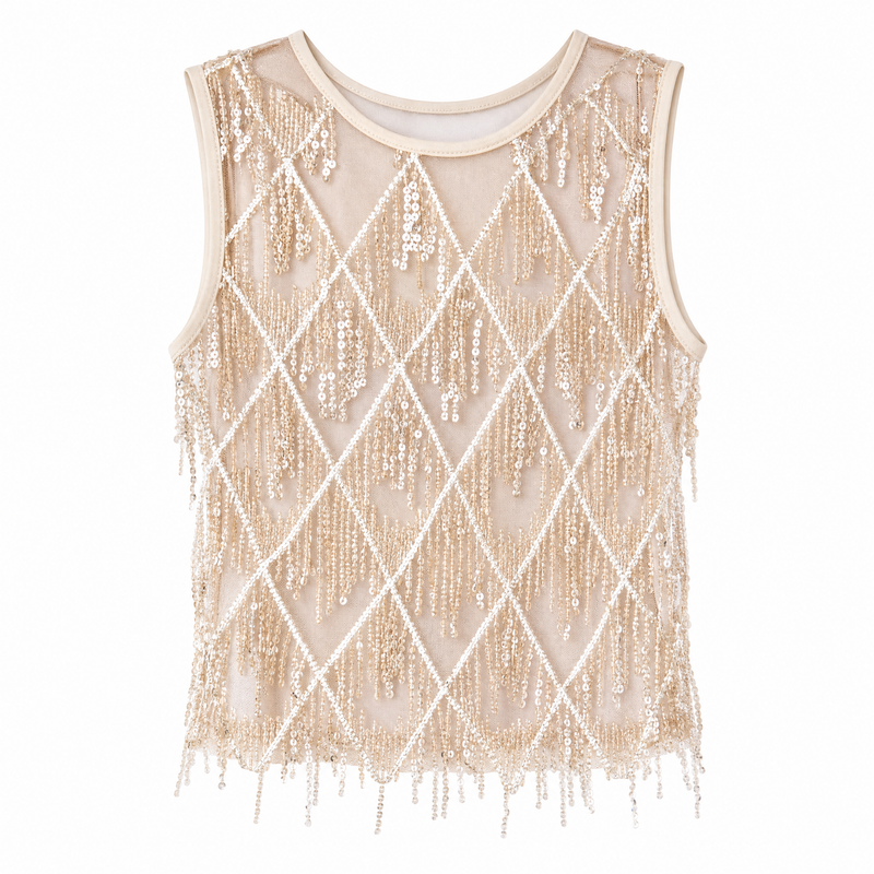 Disco Fringe Sequin Tank Top in Champagne on a clean white background