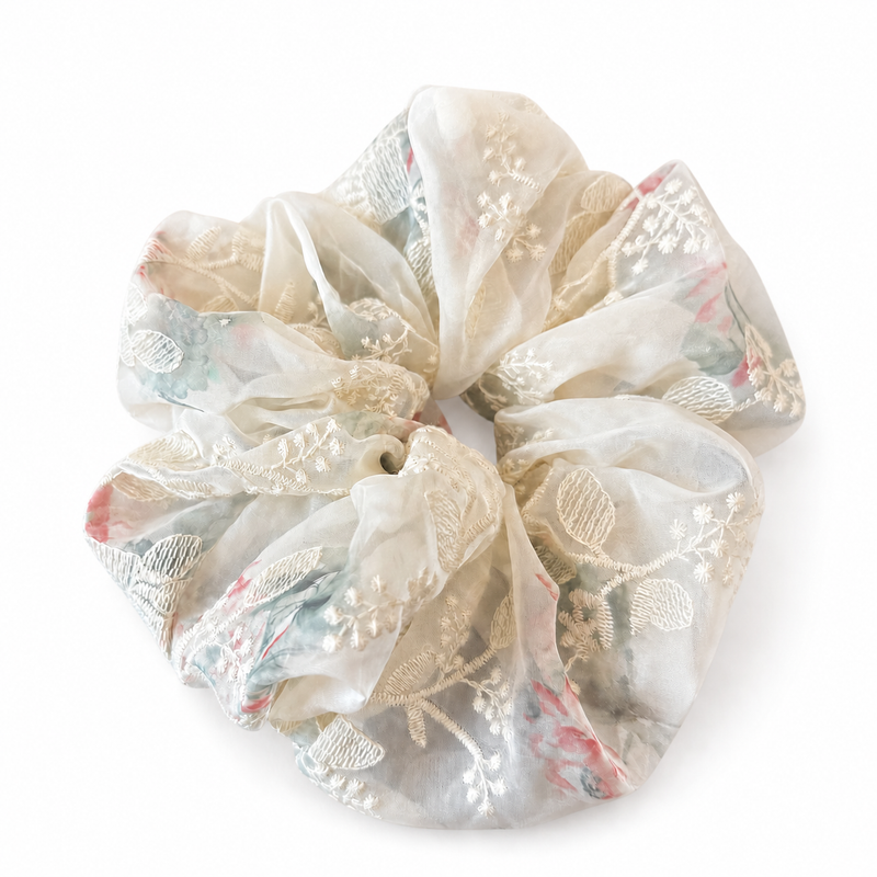 Embroidered Floral Tulle Scrunchie on a pure white background with a natural product shadow