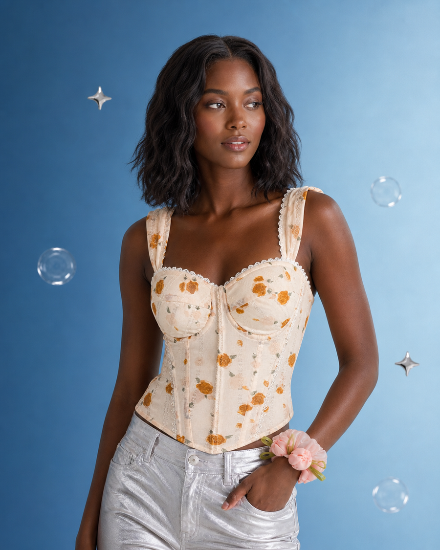 A woman modeling a cream-colored floral corset top with orange and yellow flowers, paired with shiny silver pants, set against a blue background with floating bubbles and star graphics.