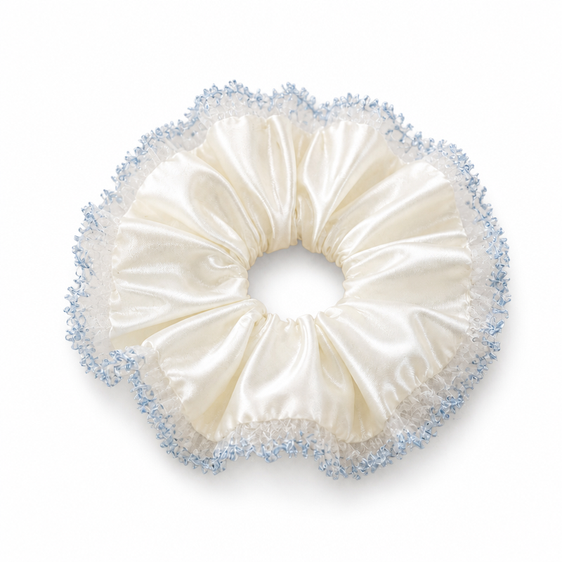 Ivory Satin Blue Lace Scrunchie on a clean white background