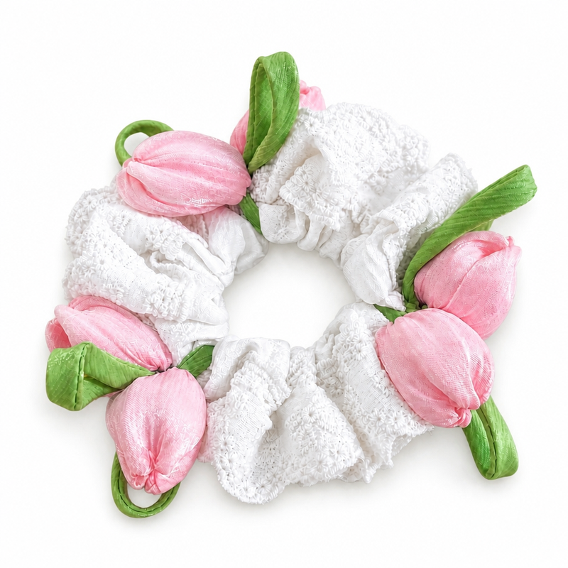 Ivory Tulip Garden Scrunchie on a clean white background