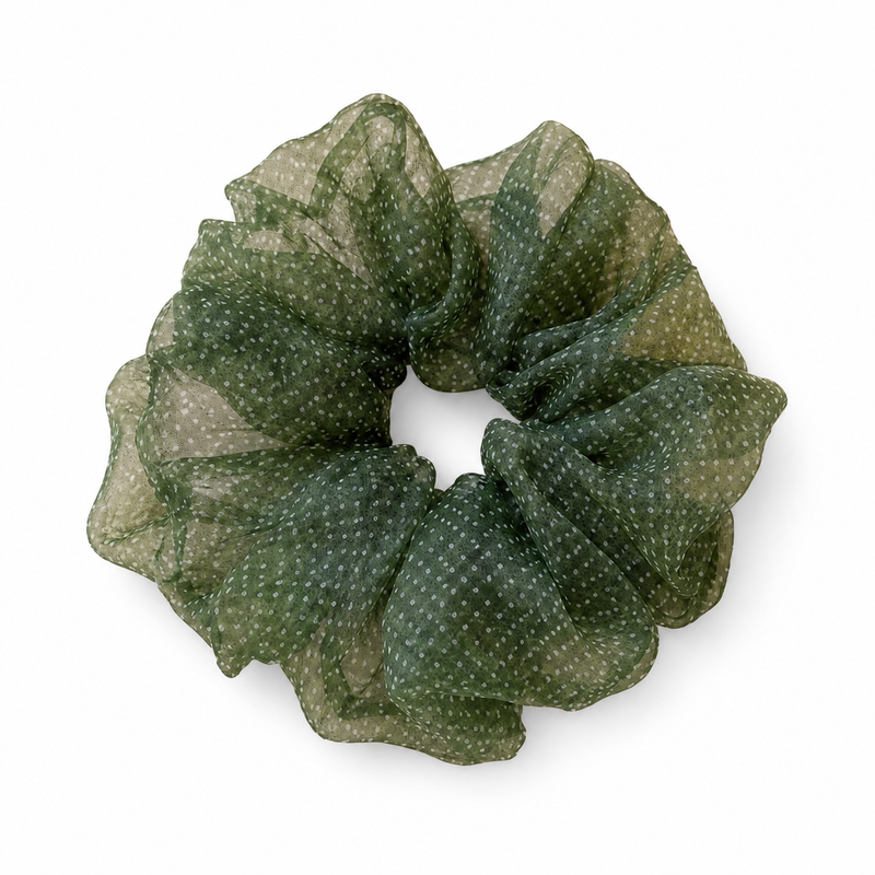Matcha Polka-Dot Tulle Scrunchie on a pure white background with a natural product shadow