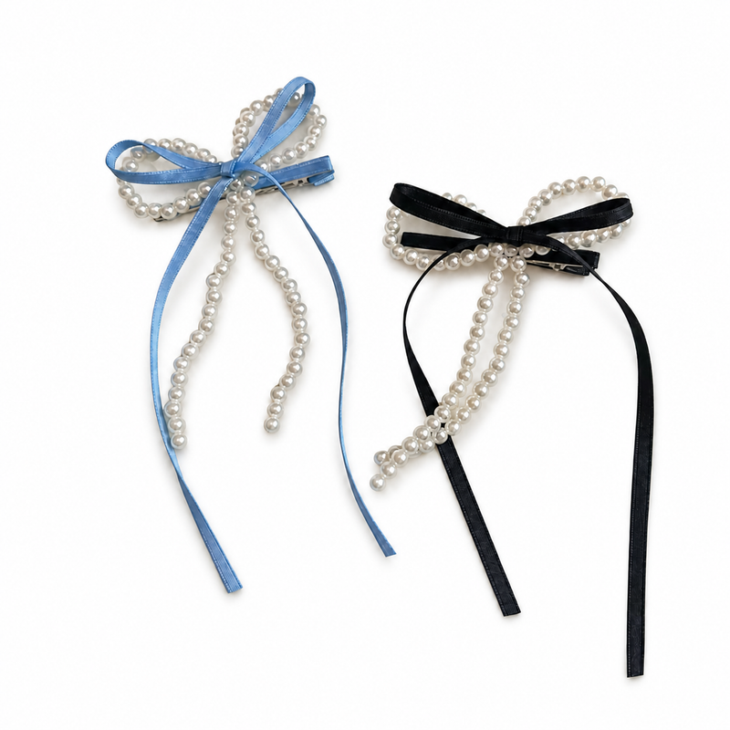 Pearl Ribbon Bow Barrette Set on a pure white background with a natural product shadow