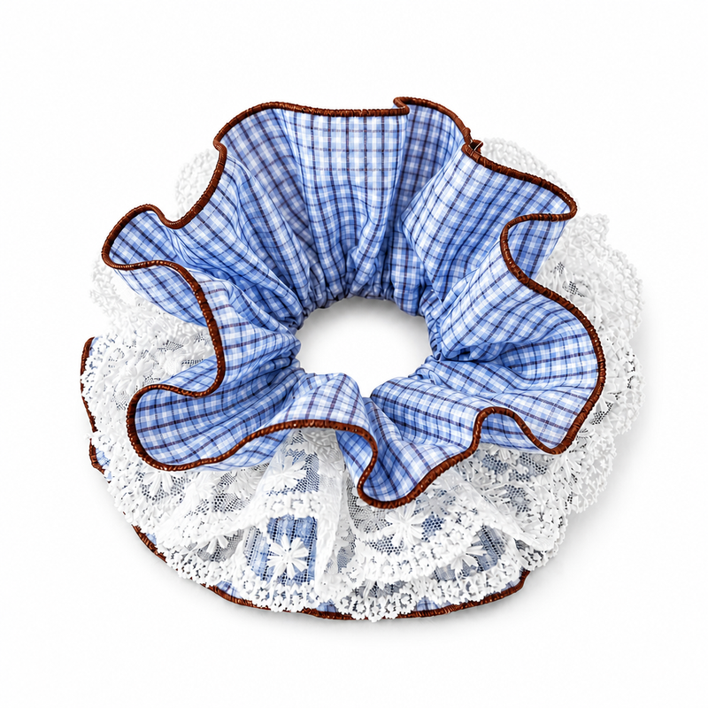 Powder Blue Plaid Lace Scrunchie on a clean white background