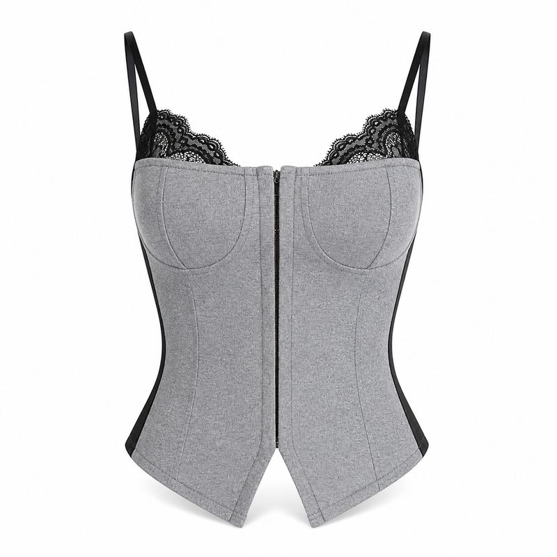 Slate Lace Panel Cami Top front view on a clean white background