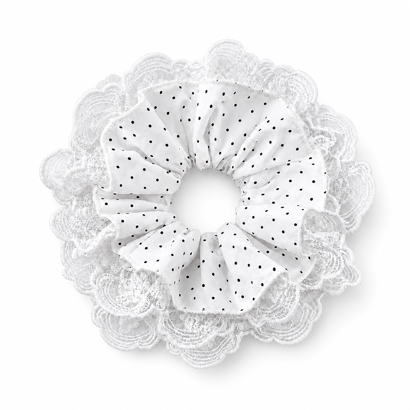 Snow Dot Lace Scrunchie on a clean white background