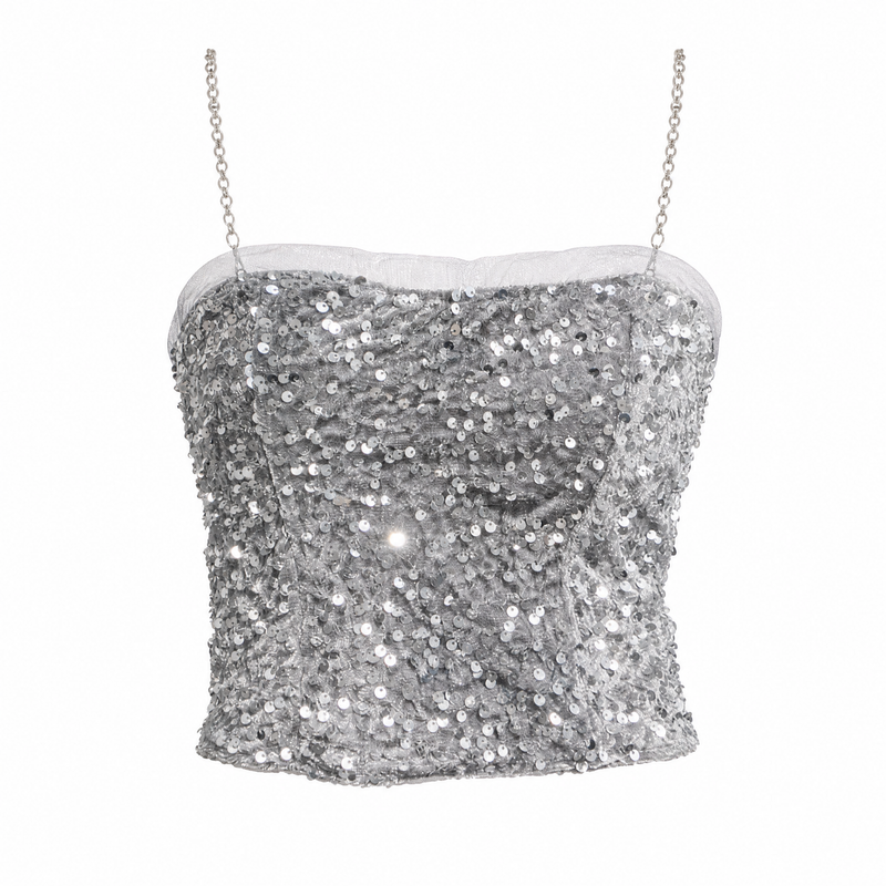 Starlight Sequin Bandeau Top in Silver Gray on a clean white background