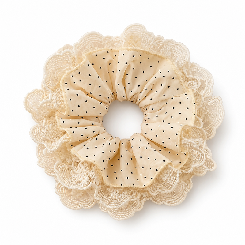 Vanilla Polka-Dot Lace Scrunchie on a clean white background