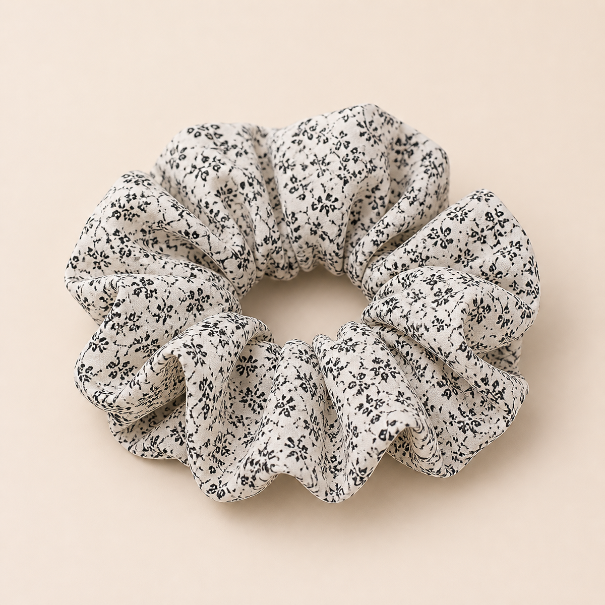Black & White Ditsy Floral Scrunchie — White