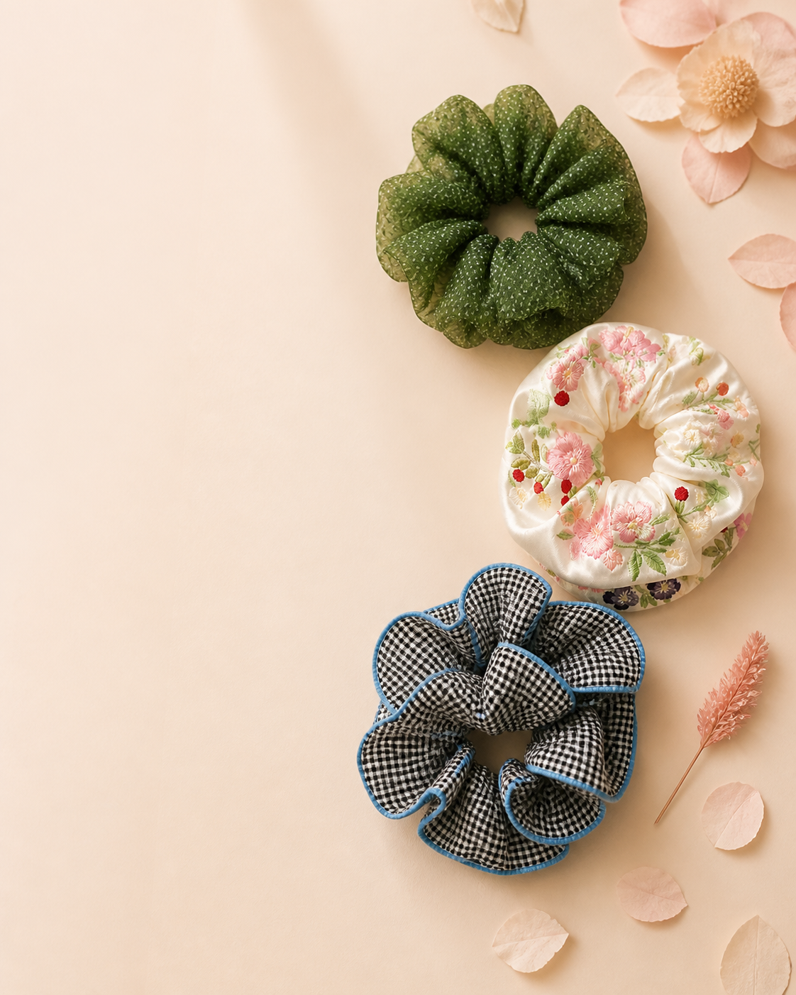 Pastel LUSTREPOP scrunchies styled with flowers