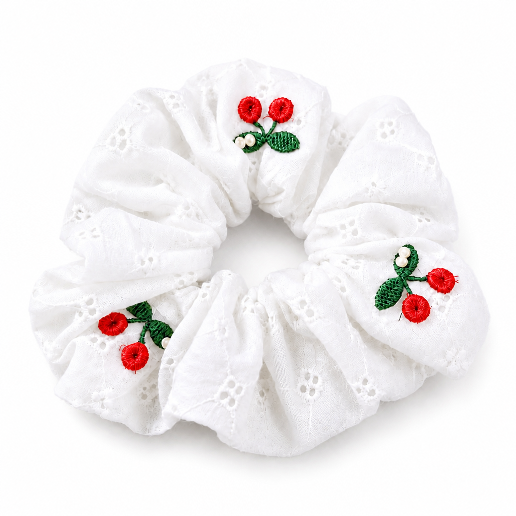 Cherry Eyelet Scrunchie on white