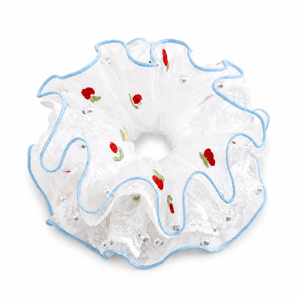 Rose Embroidery Pearl Scrunchie on white