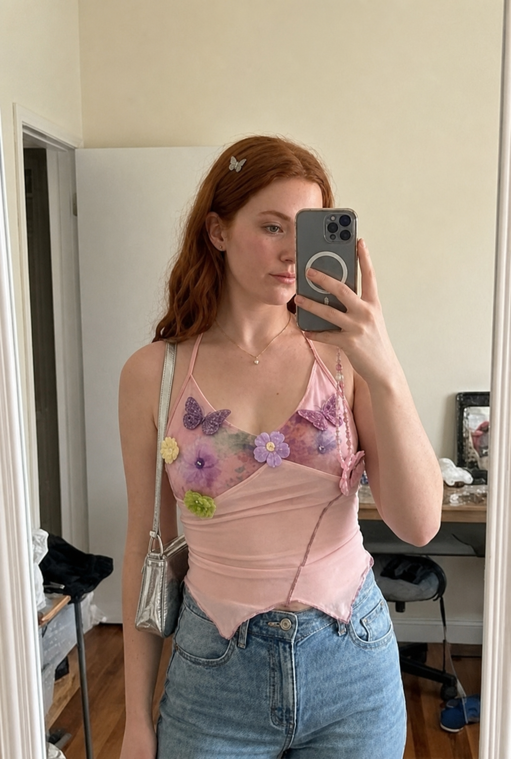Blush Butterfly Halter Top styled for an at-home mirror look