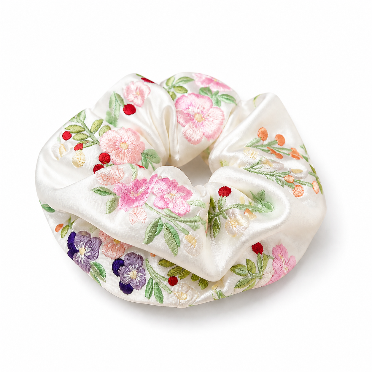 Embroidered Floral Satin Scrunchie on a white background